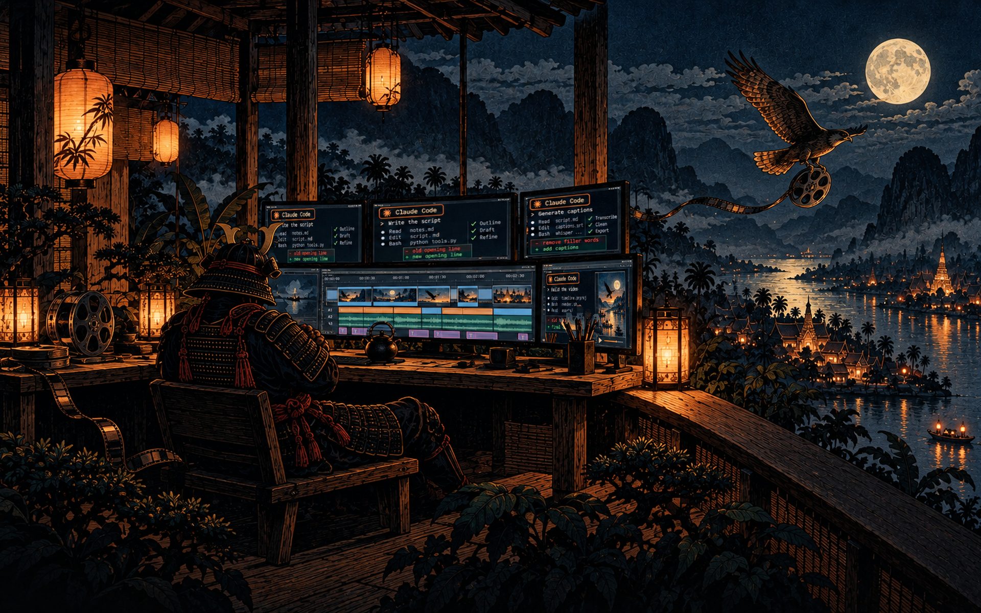 An edit bay on the veranda: a video timeline with a caption track and Claude Code sessions on the screens, a hawk carrying a film reel out over the valley.