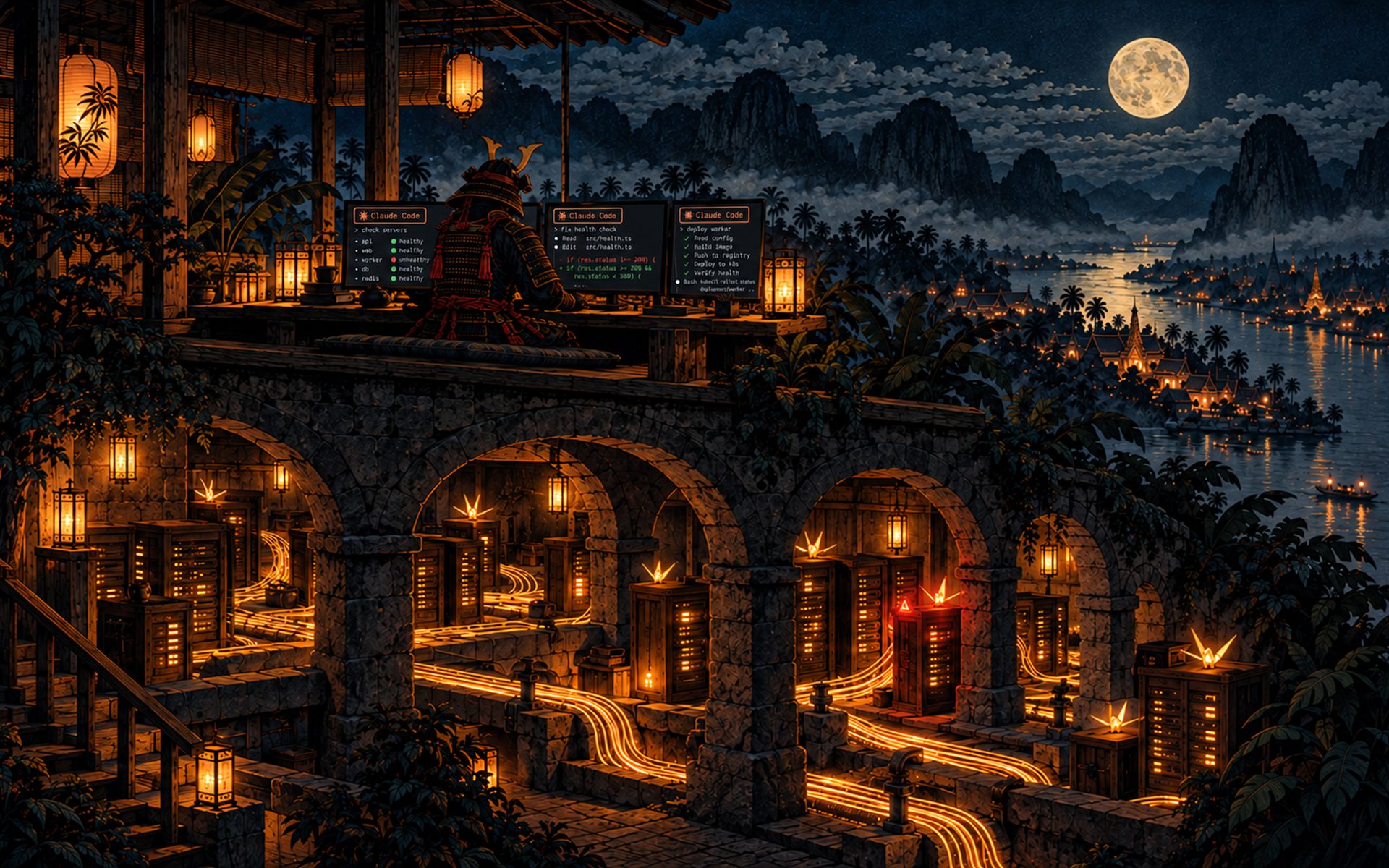 Beneath the workshop, glowing cables run like water through a stone aqueduct between small server cabinets, paper-crane sentinels on watch and one red lantern lit where something needs attention.