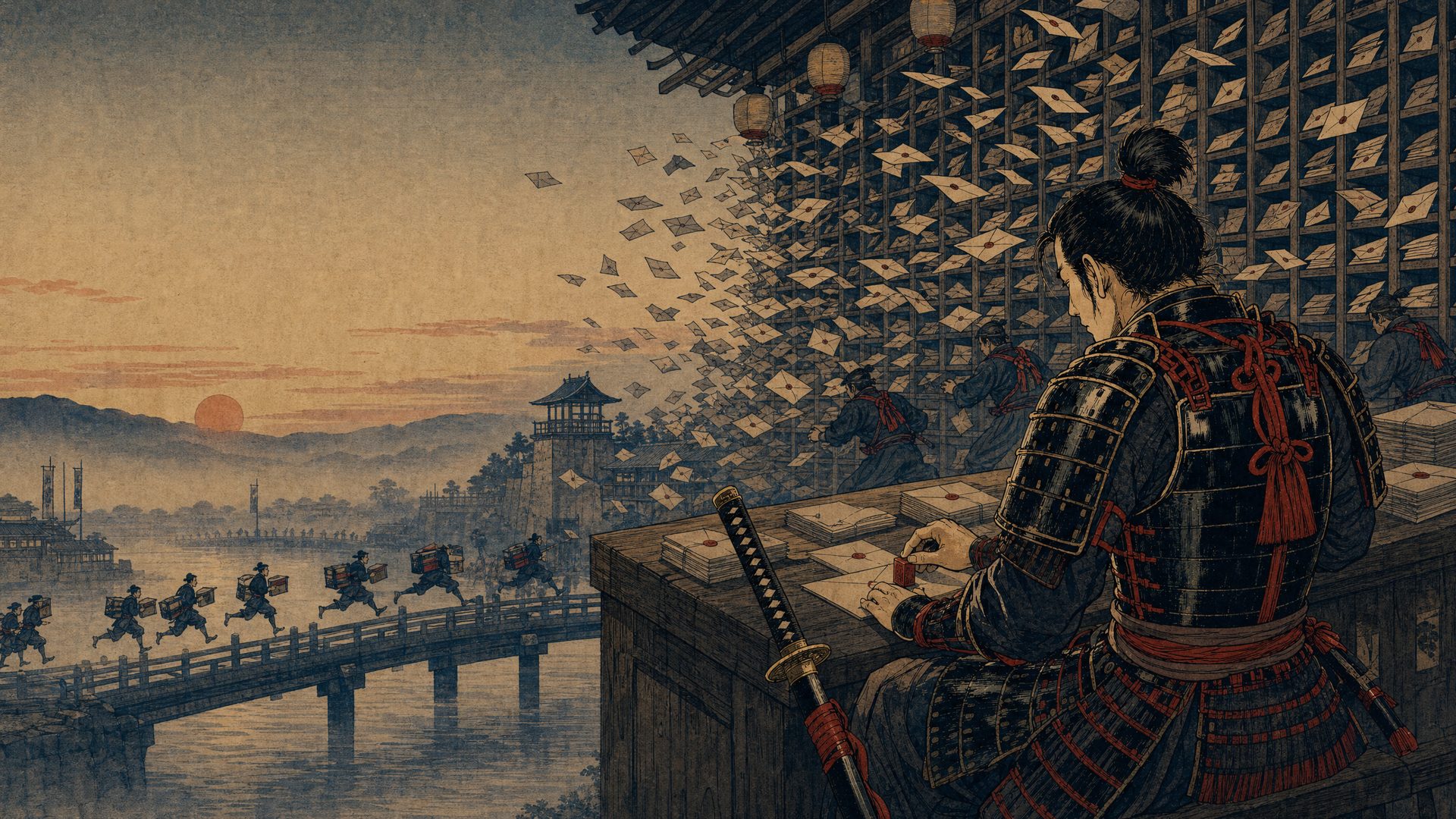 Woodblock print: the samurai stamps letters at a post desk as envelopes fly from a wall of pigeonholes and couriers run across a bridge at dawn.