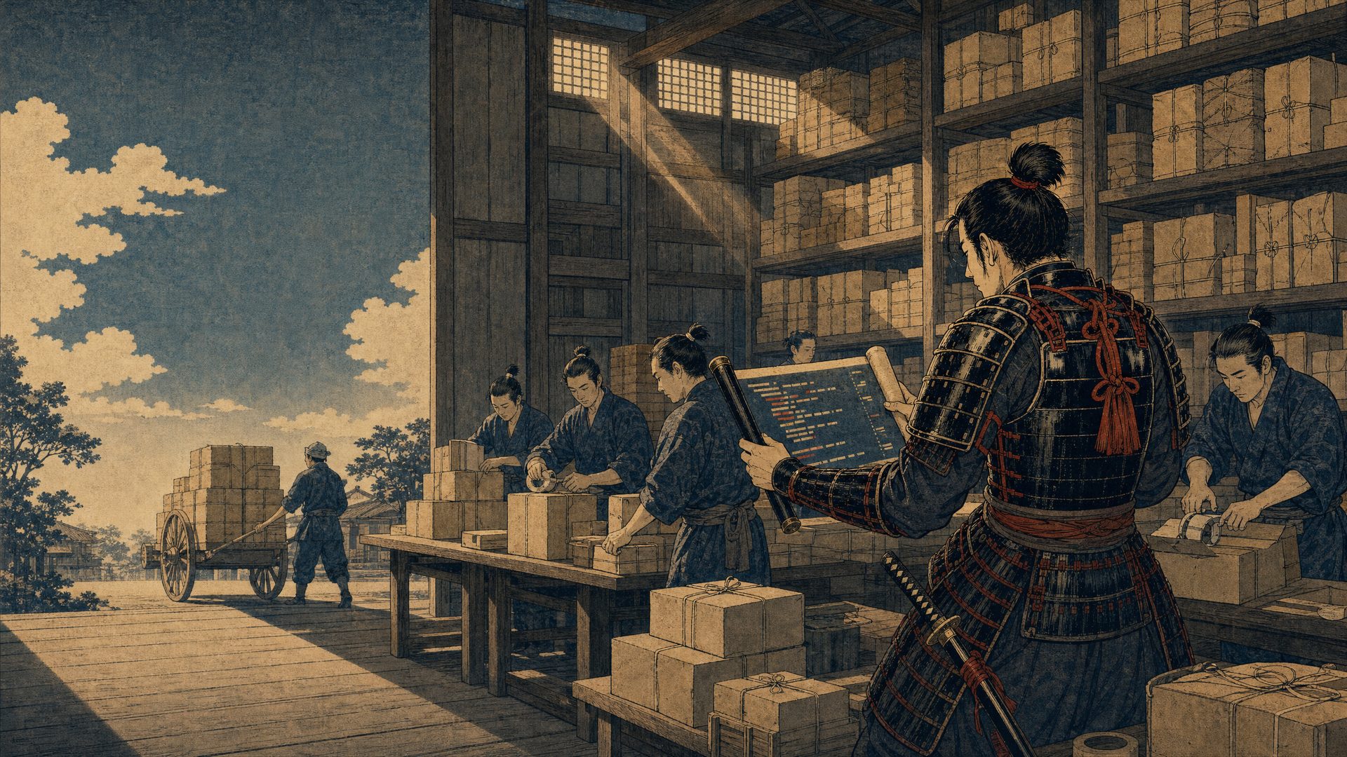 Woodblock print: the samurai reads a scroll-shaped screen in a timber warehouse while workers pack boxes and a porter pulls a laden cart outside.